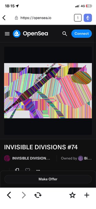 A mobile screenshot of the OpenSea website displaying an NFT artwork titled 'INVISIBLE DIVISIONS #74' with a 'Make Offer' button visible at the bottom.