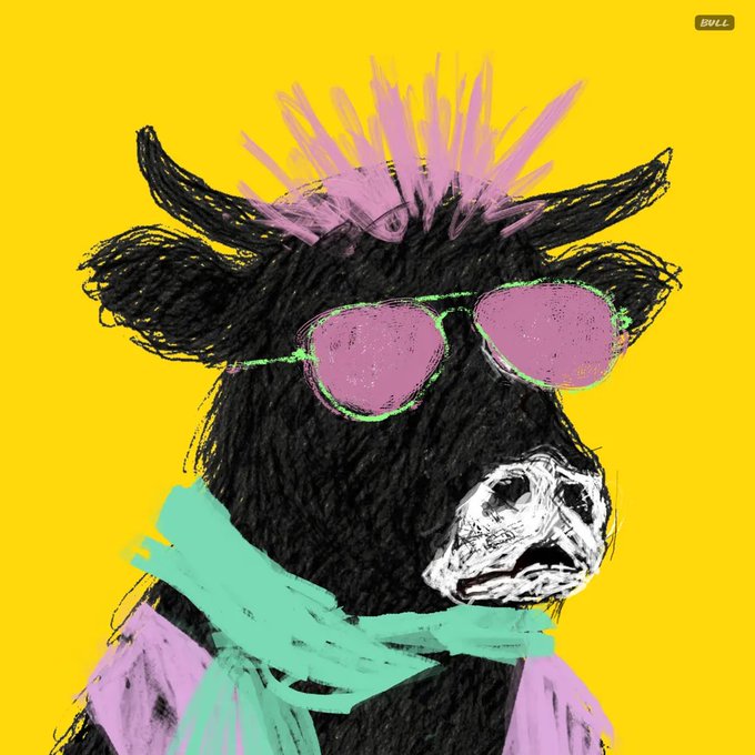 An artistic illustration of a black cow wearing pink sunglasses and a green scarf against a bright yellow background, with 'BULL' branding in the corner.