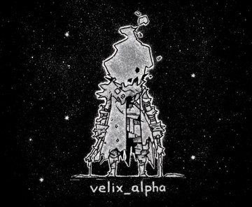 Black and white pixel art illustration of a robed figure with text 'velix_alpha' below it.