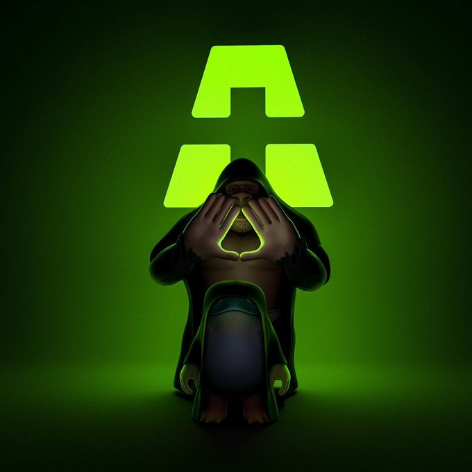 A hooded, ape-like figure in green tones kneels before a glowing green triangular symbol with its hands covering its face, visually paying tribute to "RidazLp2" as indicated by the caption, suggesting enduring loyalty.