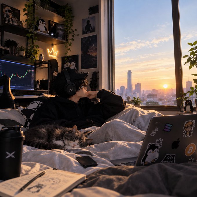 A young person wearing headphones sitting on a bed with a cat, looking out a window at a city sunset, surrounded by a laptop with stickers, a phone, and a monitor displaying a stock chart.