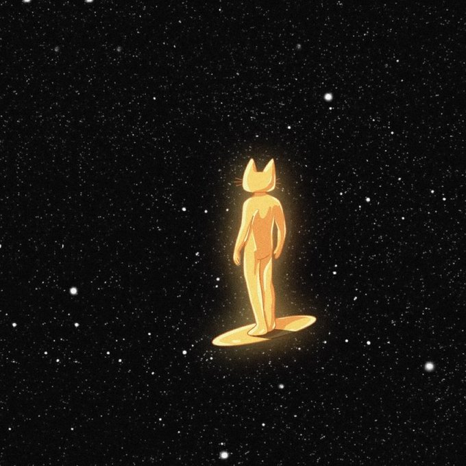 A glowing golden cat figure stands alone against a vast starry black background, symbolizing the post's claim that holding $CETS feels like being rewarded in gold through all market conditions, with the cat's feline resilience representing the unshakeable conviction needed to endure crypto volatility without perceiving any "dips."