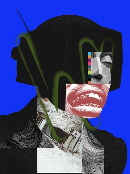 An abstract digital collage art piece set against a bright blue background, combining a silhouetted head wearing a cap, color swatches, lips, and textured graphic elements in a Dadaist style.
