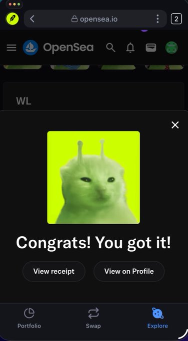 A screenshot of the OpenSea (opensea.io) mobile website showing a successful NFT purchase notification with a pop-up that reads 'Congrats! You got it!' featuring a yellow square image of a cat with antennae.