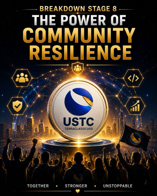 A promotional graphic reads 'BREAKDOWN STAGE 8 THE POWER OF COMMUNITY RESILIENCE' featuring a USTC (TerraClassicUSD) coin on a pedestal above a cheering crowd, with the words 'TOGETHER, STRONGER, UNSTOPPABLE'.