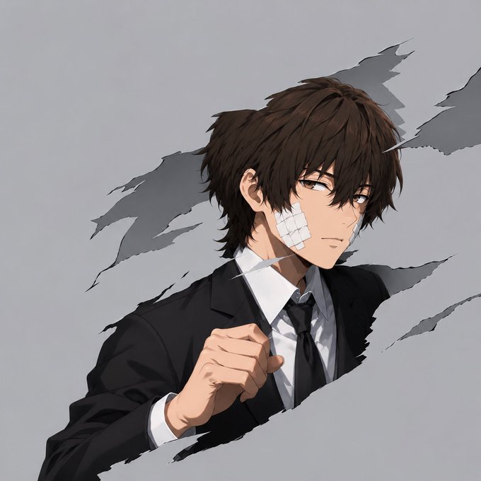 Anime-style illustration of a young man in a suit with bandages on his face, appearing to rip through a gray wall.
