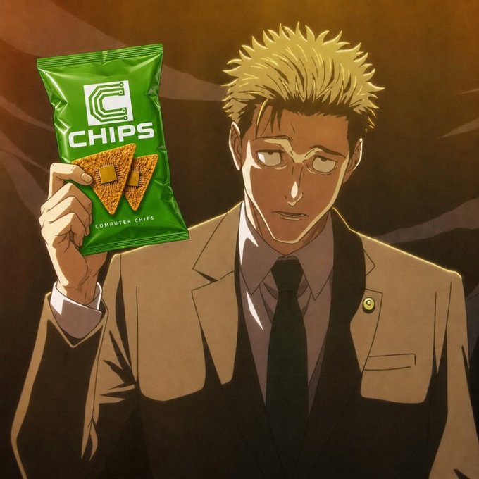 An anime-style illustration of a blonde man in a suit holding up a green bag labeled "CHIPS" with a circuit-style "C" logo and the text "COMPUTER CHIPS".