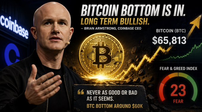 The image features an advertisement for Bitcoin that includes a man standing next to a coin with a gold background and a quote from Brian Armstrong. The text in the image reads "Coinbase CEO Brian Armstrong just called a Bitcoin bottom, injecting serious bullish conviction into a fearful market." This quote emphasizes the current state of the cryptocurrency market and the potential upside of Bitcoin as an investment opportunity.