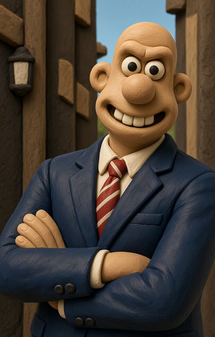 A claymation-style character of a bald man in a blue suit and red striped tie stands with arms crossed and a wide smile in an alleyway setting.