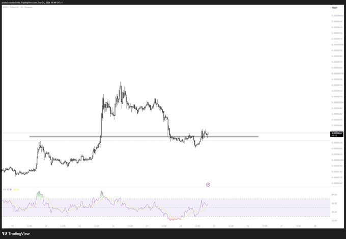 A TradingView chart of $PEPE on the 30-minute timeframe shows a price range with a horizontal support/resistance level marked around 0.00000910, with the RSI indicator at the bottom. The "easy invalidation" likely refers to a short entry signal marked by the purple arrow below the support line, with the recent price action showing a rejection at that key level ideal for a short setup.