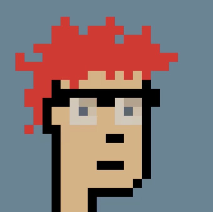 A pixel art style portrait of a character with bright red spiky hair, dark eyebrows, and a neutral expression against a blue background.