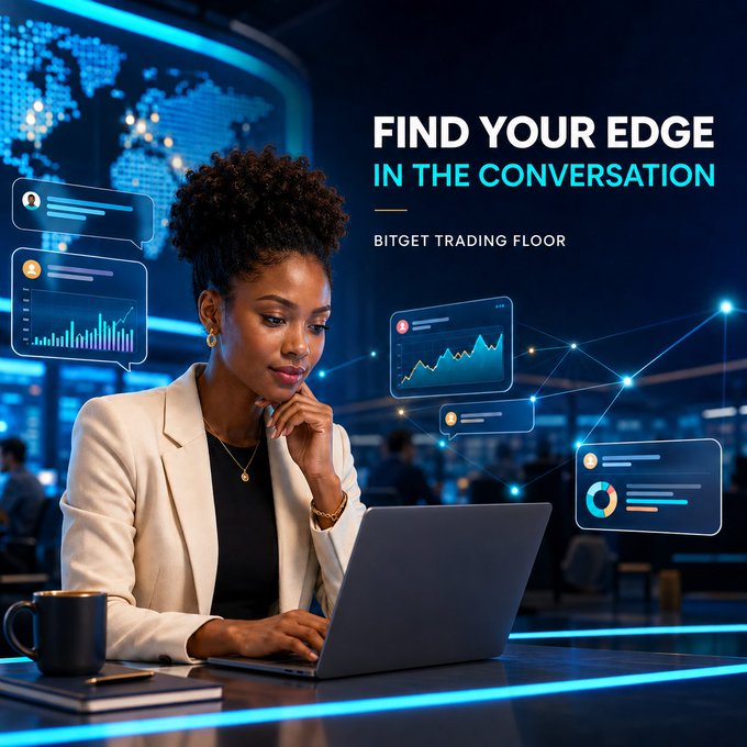 An advertisement for Bitget Trading Floor displays the text 'FIND YOUR EDGE IN THE CONVERSATION' above a woman working on a laptop surrounded by floating data charts and chat bubbles.