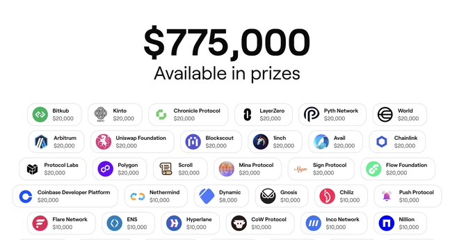 Promotional graphic showing "$775,000 Available in prizes" with a grid of crypto project logos and corresponding prize amounts, including Bitkub ($20,000), Kinto ($20,000), Chronicle Protocol ($20,000), and LayerZero ($20,000).