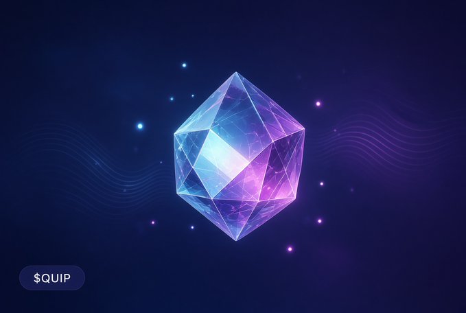 A glowing blue and purple crystalline icosahedron with '$QUIP' displayed in the bottom left corner against a dark blue background with floating particles.