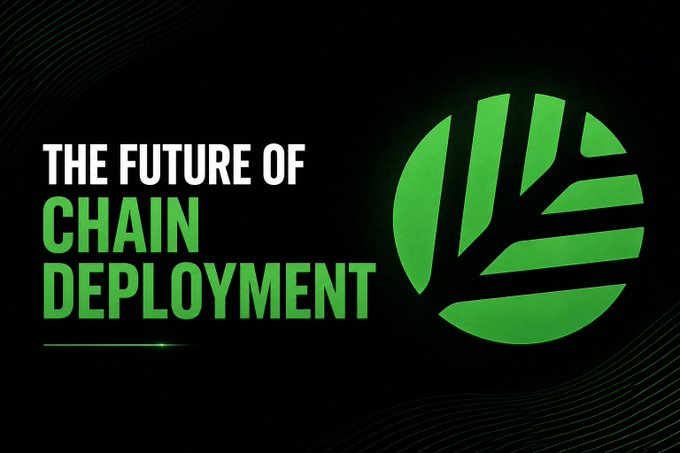 A promotional graphic with a black background featuring the white and green text 'THE FUTURE OF CHAIN DEPLOYMENT' next to a green circular logo with a striped design.