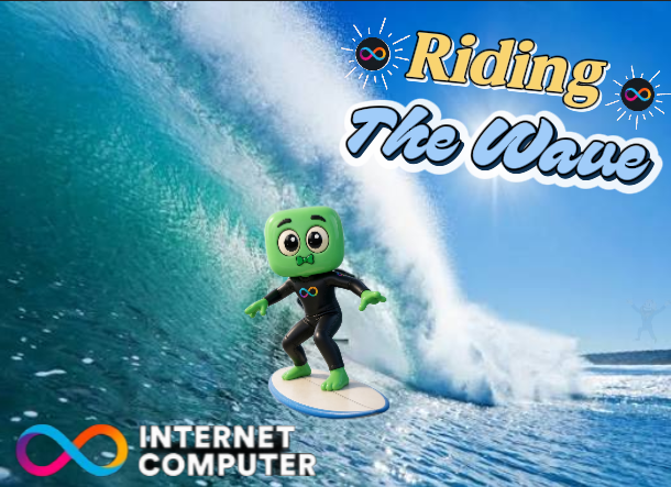 A promotional graphic titled 'Riding The Wave' features a green mascot character wearing a black wetsuit and surfing on a wave, with the 'Internet Computer' logo displayed at the bottom.