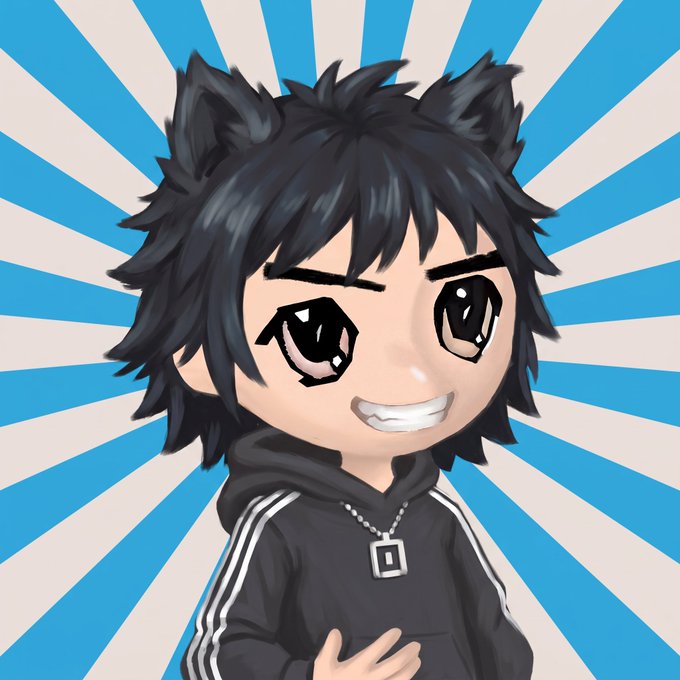A chibi-style anime character with messy black hair, cat-like ears, and a wide grin wears a black Adidas-striped hoodie with a square pendant, set against a blue and white sunburst background—evoking the playful, nostalgic energy of the "NOSTALGIO" mint announcement welcoming a new community member.