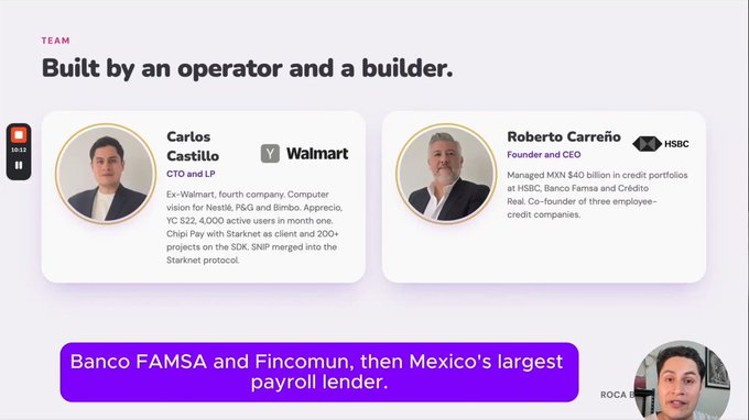 A team page displaying profiles for Carlos Castillo (CTO and LP from Walmart) and Roberto Carreño (Founder and CEO), mentioning 'Banco FAMSA and Fincomun, then Mexico's largest payroll lender.'