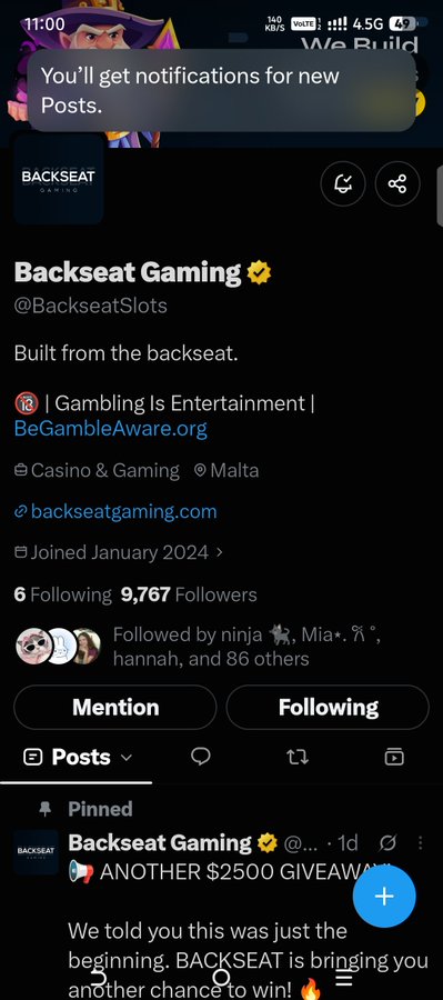 A Twitter/X profile page for 'Backseat Gaming' (@BackseatSlots), a Casino & Gaming account based in Malta with 9,767 followers, showing a pinned giveaway post for $2,500.