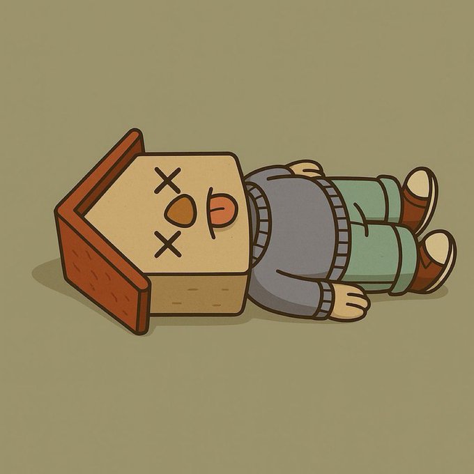 An illustration of a cartoon character lying on the ground with a cardboard box over its head that has an 'X X O' face drawn on it.