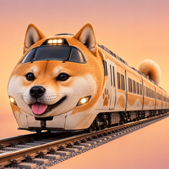 A whimsical 3D render shows a Shiba Inu-themed train with a smiling dog face on the front car, traveling along railroad tracks under a sunset sky.