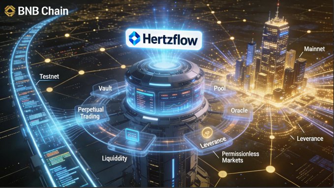 A digital illustration of a futuristic BNB Chain ecosystem featuring Hertzflow at the center, with surrounding nodes labeled Testnet, Vault, Perpetual Trading, Liquidity, Pool, Oracle, Permissionless Markets, Mainnet, and Leverage.