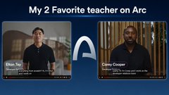 A graphic titled 'My 2 Favorite teacher on Arc' showing side-by-side images of educators Ethan Tay and Corey Cooper on the Arc app.