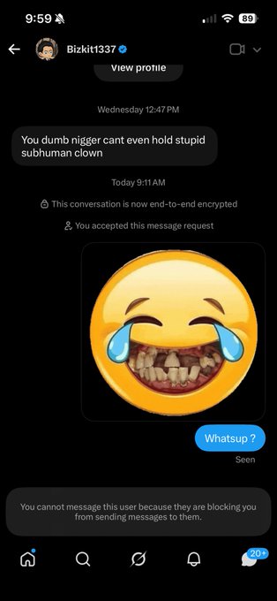 An Instagram DM screenshot showing a conversation with user Bizkit1337 containing offensive text, a laughing crying emoji meme, and a message indicating the user has blocked further communication.