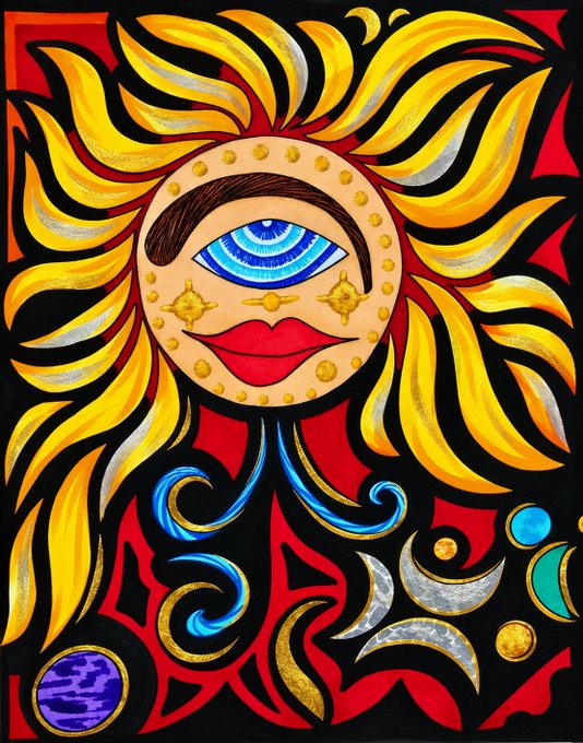 A vibrant painting featuring a stylized sun-like face with a large blue eye in the center, red lips, and golden rays against a black background with decorative swirls and celestial elements.