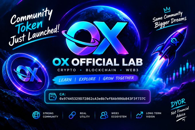 A promotional graphic for 'OX OFFICIAL LAB' announcing a Community Token launch, featuring crypto/blockchain/Web3 branding with text including 'LEARN | EXPLORE | GROW TOGETHER', 'STRONG COMMUNITY', 'REAL UTILITY', 'WEB3 ECOSYSTEM', 'LONG TERM VISION', and 'DYOR - Not Financial Advice'.
