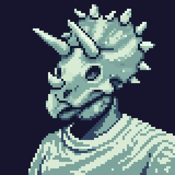 A pixel art portrait of a reptilian or dragon-like creature with spiky, crown-like protrusions on its head, rendered in shades of blue-gray against a dark navy background.
