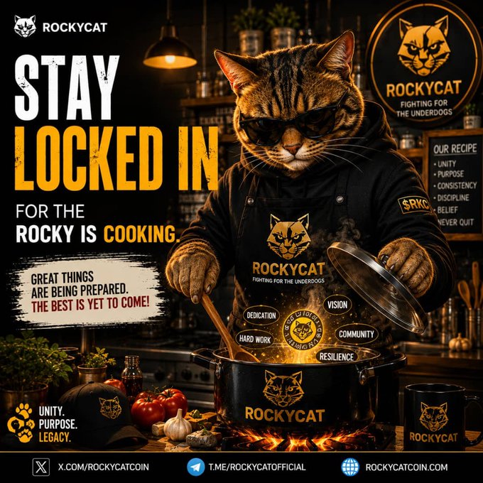 A promotional graphic for 'ROCKYCAT' featuring a muscular tabby cat wearing sunglasses and an apron cooking over a flame, with the slogan 'STAY LOCKED IN FOR THE ROCKY IS COOKING' and social media handles at the bottom.