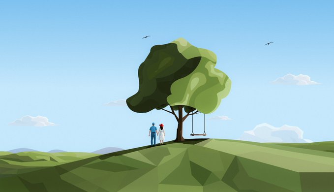 A digital illustration of two small figures standing beside a large green tree with a swing hanging from one of its branches, set on a rolling green hill under a blue sky with clouds and birds.