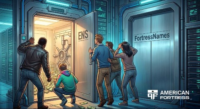 Illustration depicting people rushing to open a vault labeled 'ENS' filled with money while a family crowds around a closed door labeled 'FortressNames', branded with 'AMERICAN FORTRESS'.