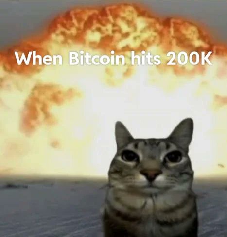 A meme featuring a calm cat in the foreground with a massive nuclear explosion mushroom cloud behind it, captioned 'When Bitcoin hits 200K'.