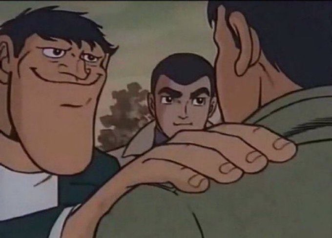An anime scene showing three male characters, with one smiling confidently on the left.