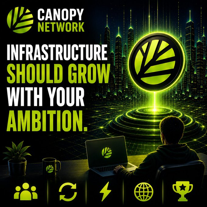 An advertisement for 'CANOPY NETWORK' features the slogan 'Infrastructure should grow with your ambition,' showing a person working at a laptop in a neon-lit digital environment.