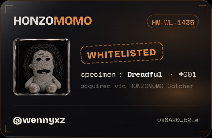 A digital collectible card from HONZOMOMO displays a small grey "Dreadful" plush figure (#001) inside a framed vitrine, with a bold orange "WHITELISTED" badge indicating the holder (@wennyxz) has secured a spot via the HONZOMOMO Catcher. The card also features the ID "HM-WL-1435" and a truncated wallet address "0x6A20...b2Ee," visually confirming the whitelist membership announced in the post.