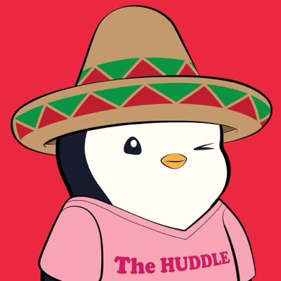 A cartoon penguin wearing a festive sombrero and a pink "The HUDDLE" shirt, set against a red background, accompanies a post where the creator expresses loyalty to their penguin IP as a personal protest against Luca Netz's decision.