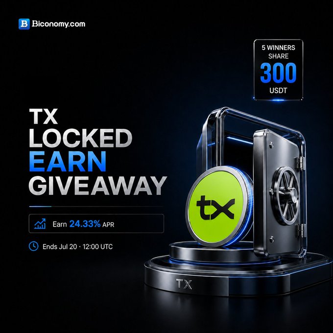 An advertisement from Biconomy.com for a 'TX LOCKED EARN GIVEAWAY' offering 5 winners a share of 300 USDT with a 24.33% APR, ending July 20 at 12:00 UTC, featuring an image of a green 'tx' coin inside a safe.