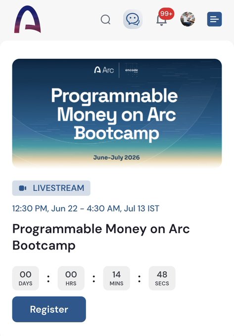 The image depicts a screenshot from a phone or computer screen, showing a webpage for an Arc event called "Programmable Money on Arc Bootcamp", which is scheduled for Saturday, July 13th at 12:30 PM. The webpage has been resized to fit within the available space and includes text elements such as registration information and links for more details about the event.