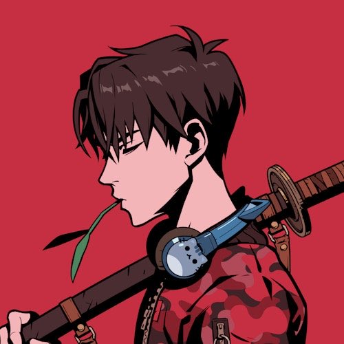 An anime-style illustration of a dark-haired young man in a red camouflage jacket with blue headphones around his neck, holding a sword and a green leaf in his mouth.