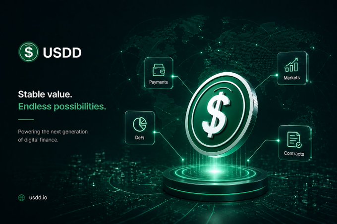 A promotional graphic for 'USDD' stablecoin with the tagline 'Stable value. Endless possibilities. Powering the next generation of digital finance' and features for Payments, Markets, DeFi, and Contracts.