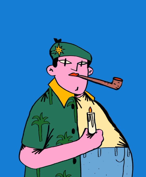 A cartoon illustration of a pink-skinned man wearing a green beret with a star emblem, smoking a pipe and holding a lit candle against a blue background.