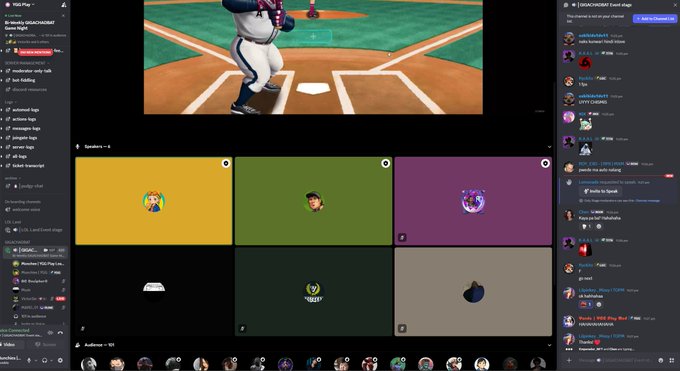 A Discord interface showing a baseball video game stream alongside a watch party grid with empty speaker tiles and a chat panel on the right side.