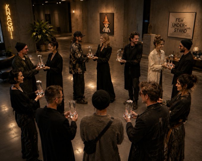 A group of people in dark clothing stand in a circle holding champagne glasses in an art gallery space, with illuminated 'KWAGMI' and 'FEW UNDERSTAND' signs on the walls.