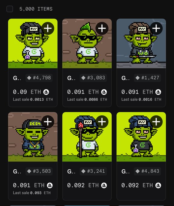 A grid of six pixel-art goblin/gremlin NFT characters from a collection of 5,000 items, each priced around 0.09-0.092 ETH with various accessories like hats, glasses, and weapons, with sale numbers ranging from #1,427 to #4,843. The image illustrates the Gremilin Cartel collection referenced in the post, which highlights the dramatic price recovery from $1 to $150 per gremlin.