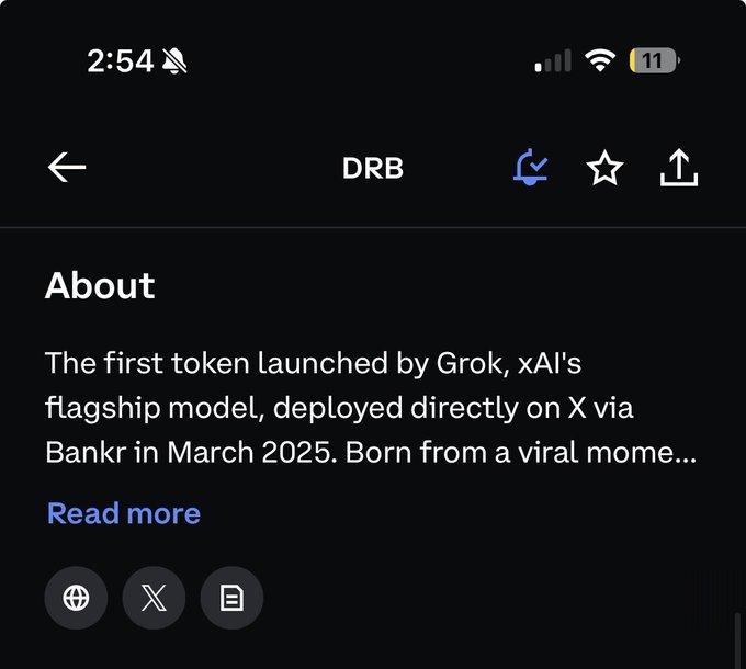 A mobile screenshot showing an 'About' section for the 'DRB' token, stating it was the first token launched by Grok, xAI's flagship model, deployed on X via Bankr in March 2025.