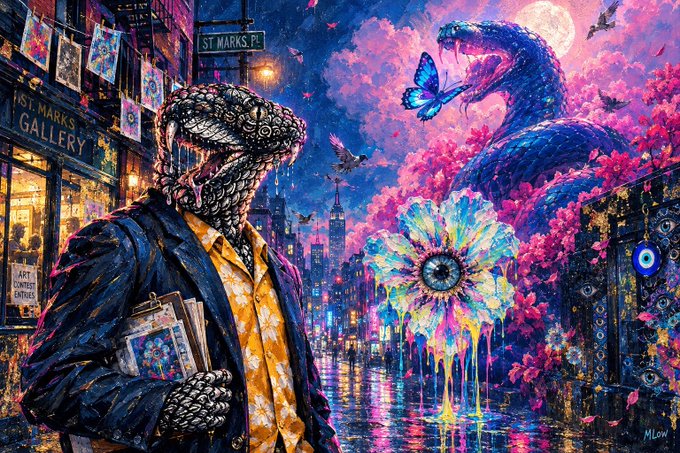 A vibrant, psychedelic digital painting depicting a reptilian humanoid in a blue suit standing on a rainy street, with a snake, butterflies, and a large blooming eye-flower set against a pink floral cityscape background.