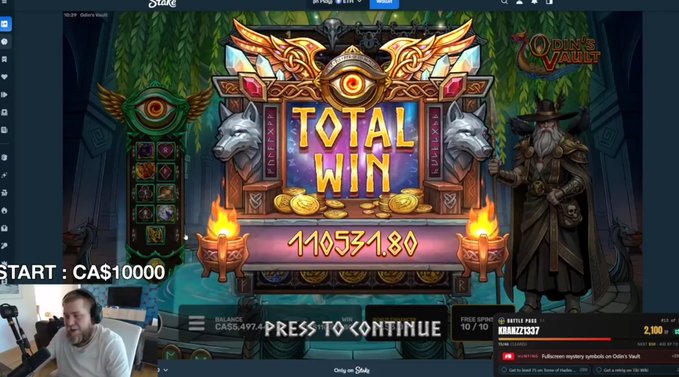 A streamer celebrates a massive "TOTAL WIN" of 110,531.80 on the slot game "Odin's Vault," showcasing a "PRESS TO CONTINUE" screen with a starting balance of CA$10000 displayed at the bottom. The image directly visualizes the tweet's announcement of a 110,530X win on ValkyrieXStudio's game, promoting a giveaway requiring the keyword "100000" to enter.